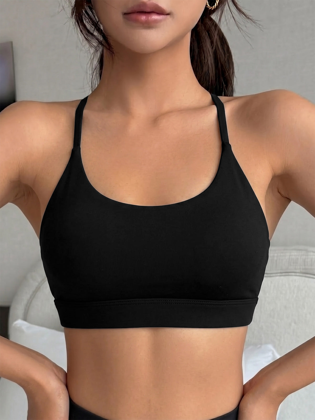 Backless Thin Strap Sports Bra - Black