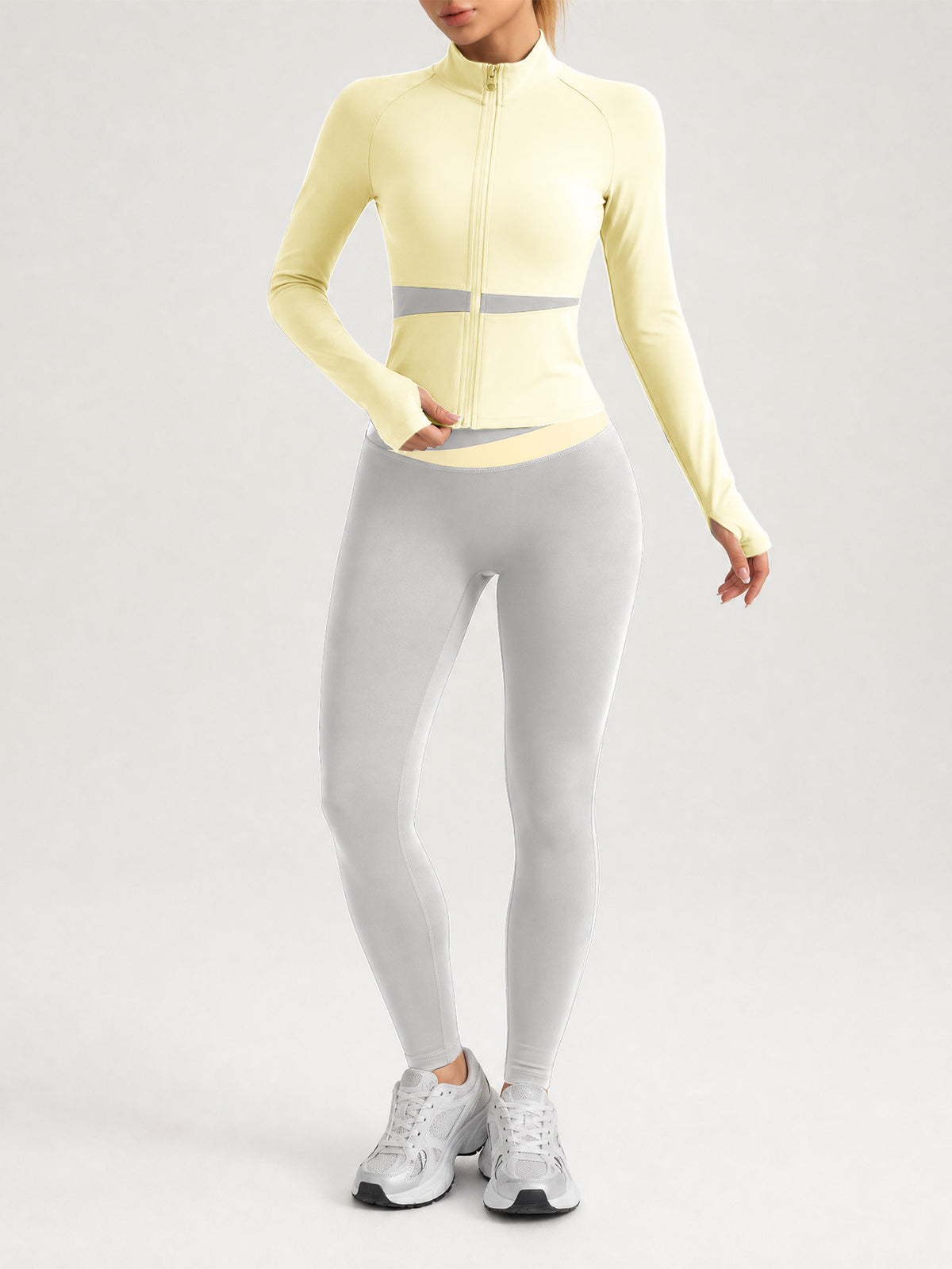 Contrast Zip Jacket & Lifting Leggings Set - Yellow & Light Grey