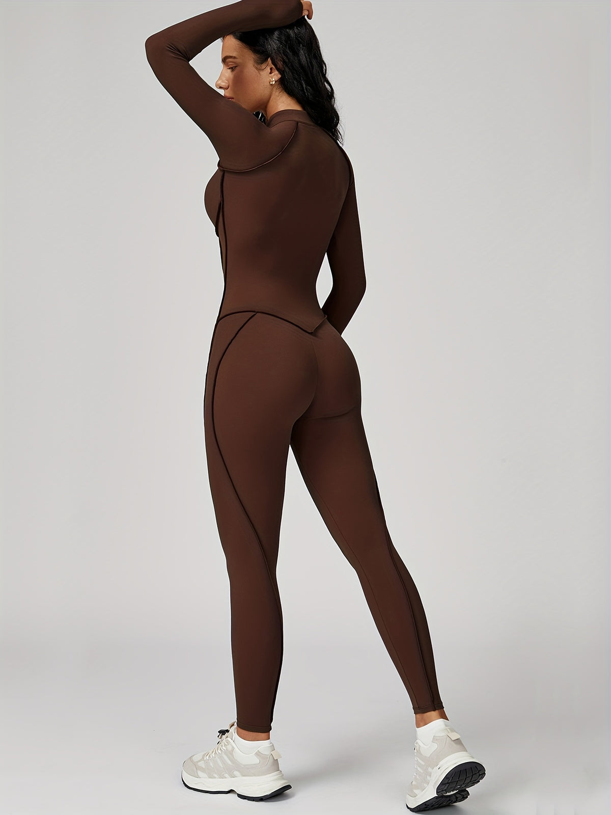 Half Zip Long Sleeve Jumpsuit - Coffee