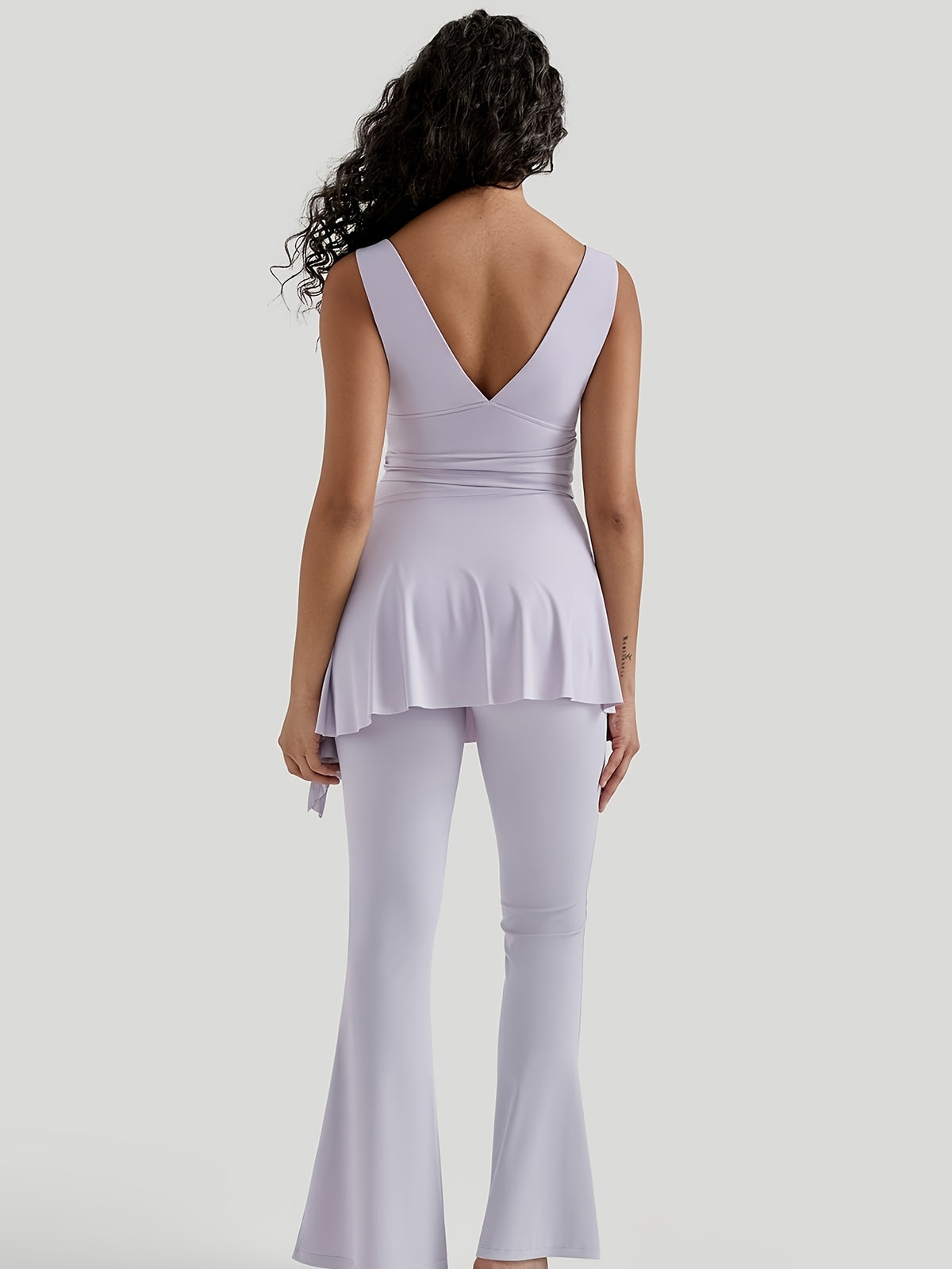 V-Neck Bra & Skirted Wide Leg Pants Set - Lavender