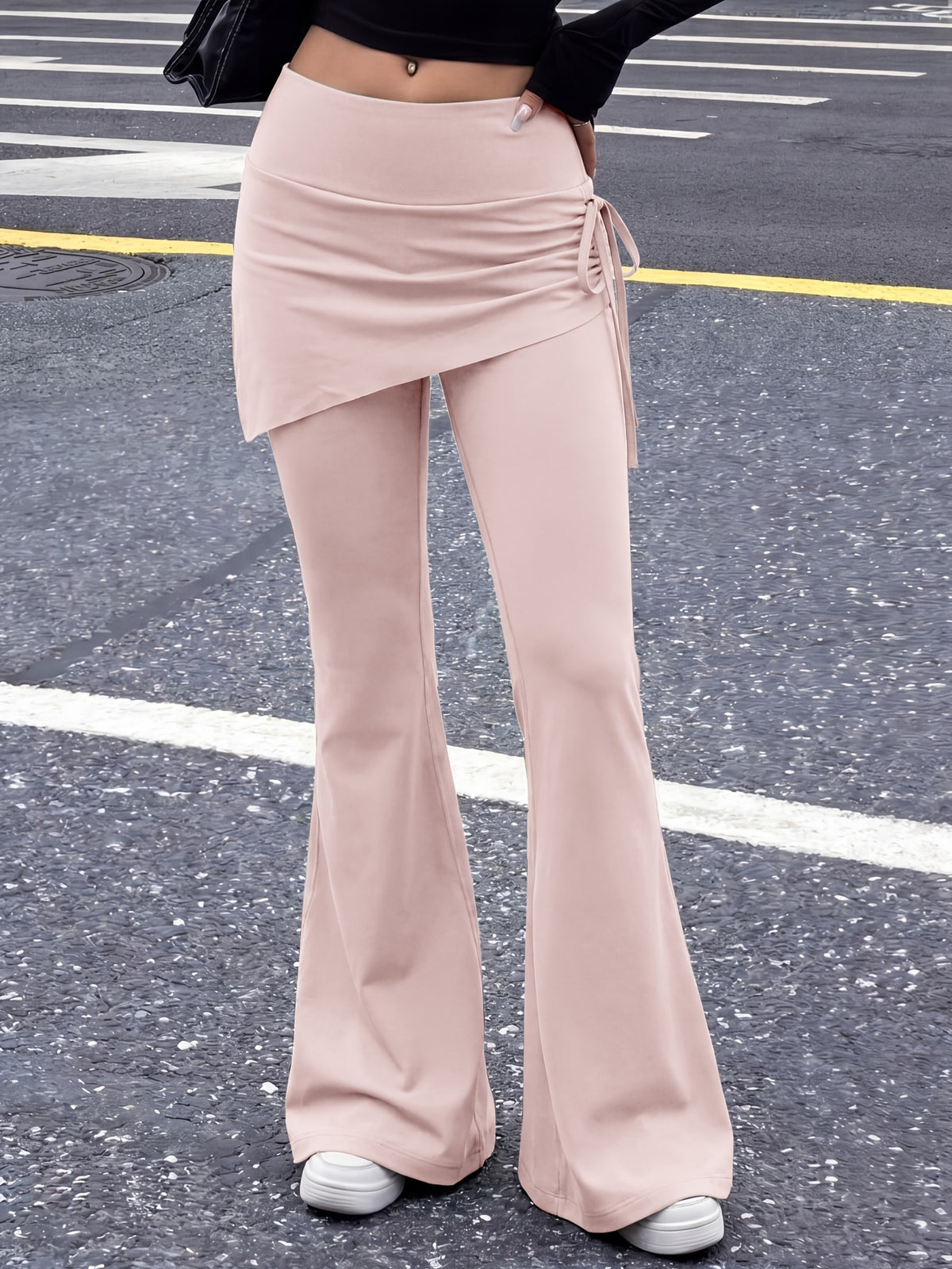 High Waist Drawstring Flare Skort - Hot Pink
