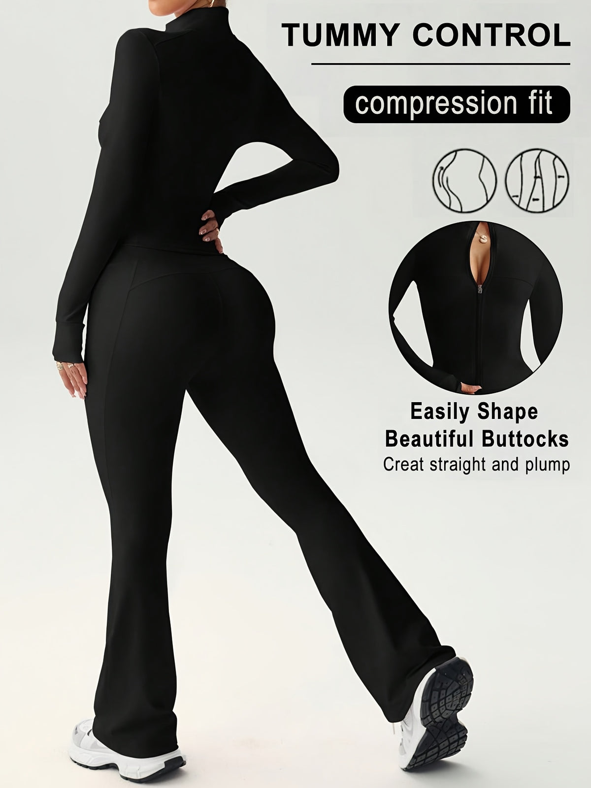 Long Sleeve Zip Flare Jumpsuit - Black