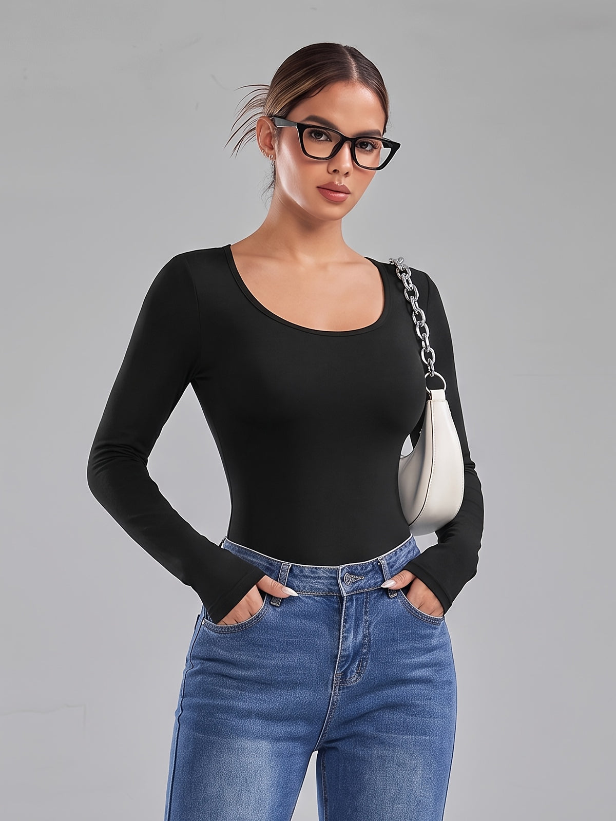 Open Back Scoop Neck Bodysuit - Black