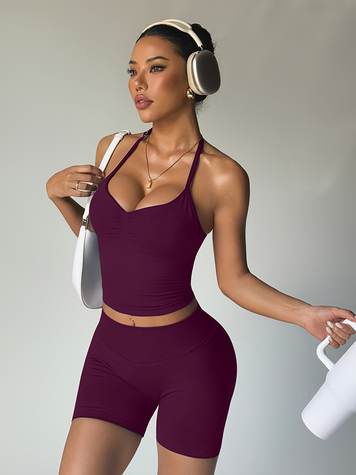 Halter Open Back Vest & Shorts Set - Cherry Purple