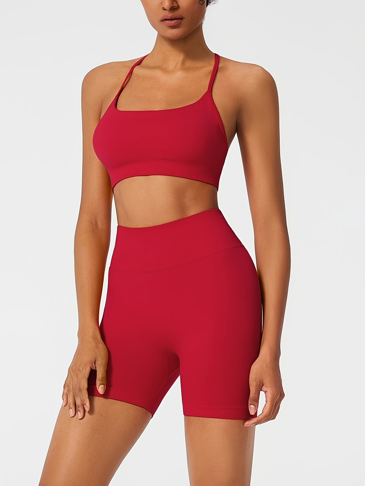 Square Neck Crop Top & Cycling Shorts Set - Red