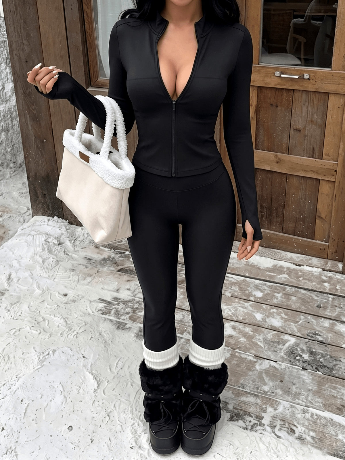 Fleece Lined Zip Jacket & Flare Pants Set - Black