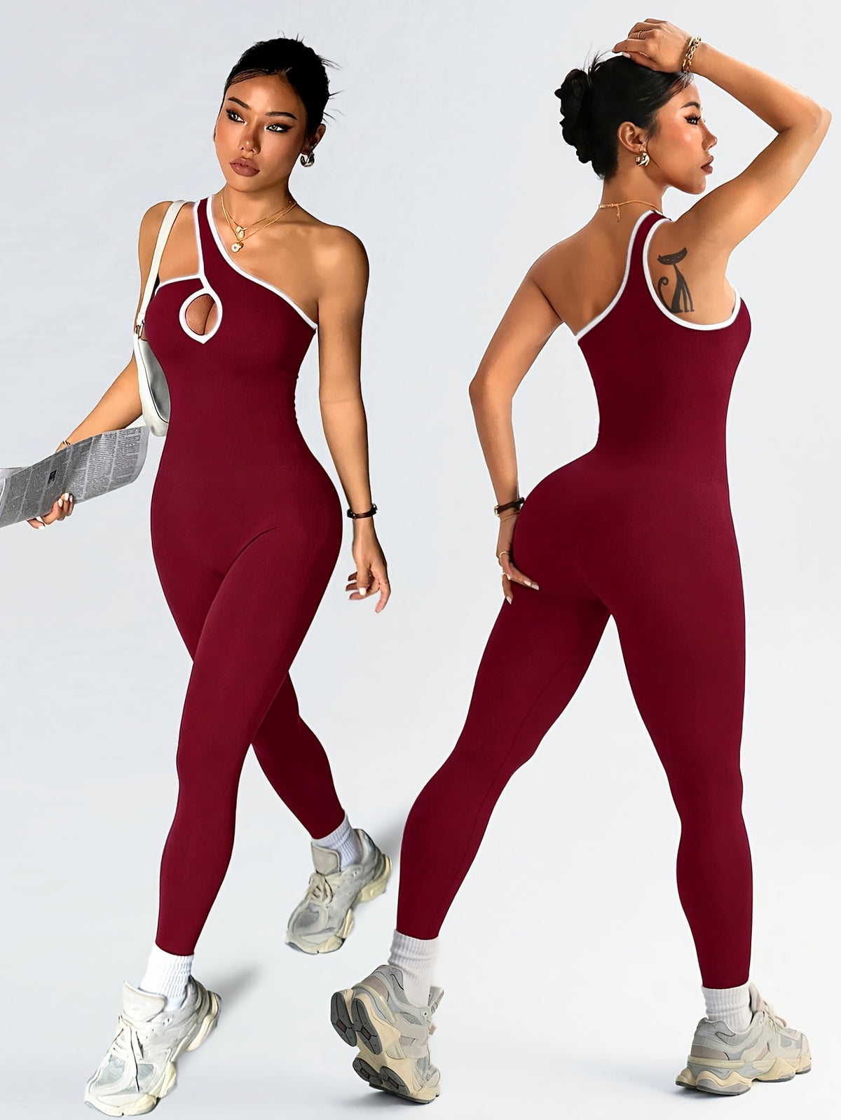 One Shoulder Keyhole Jumpsuit - Burgundy