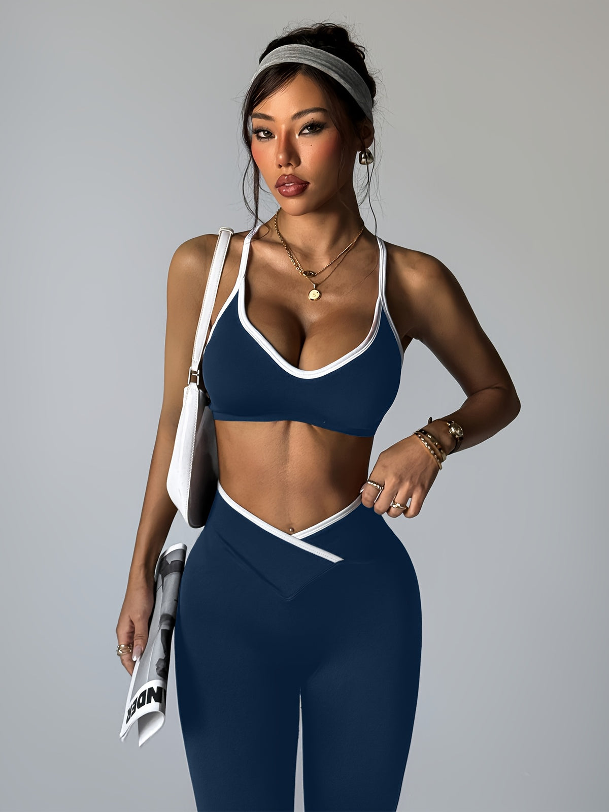 Cross Back Bra & Leggings Set - Purplish Blue