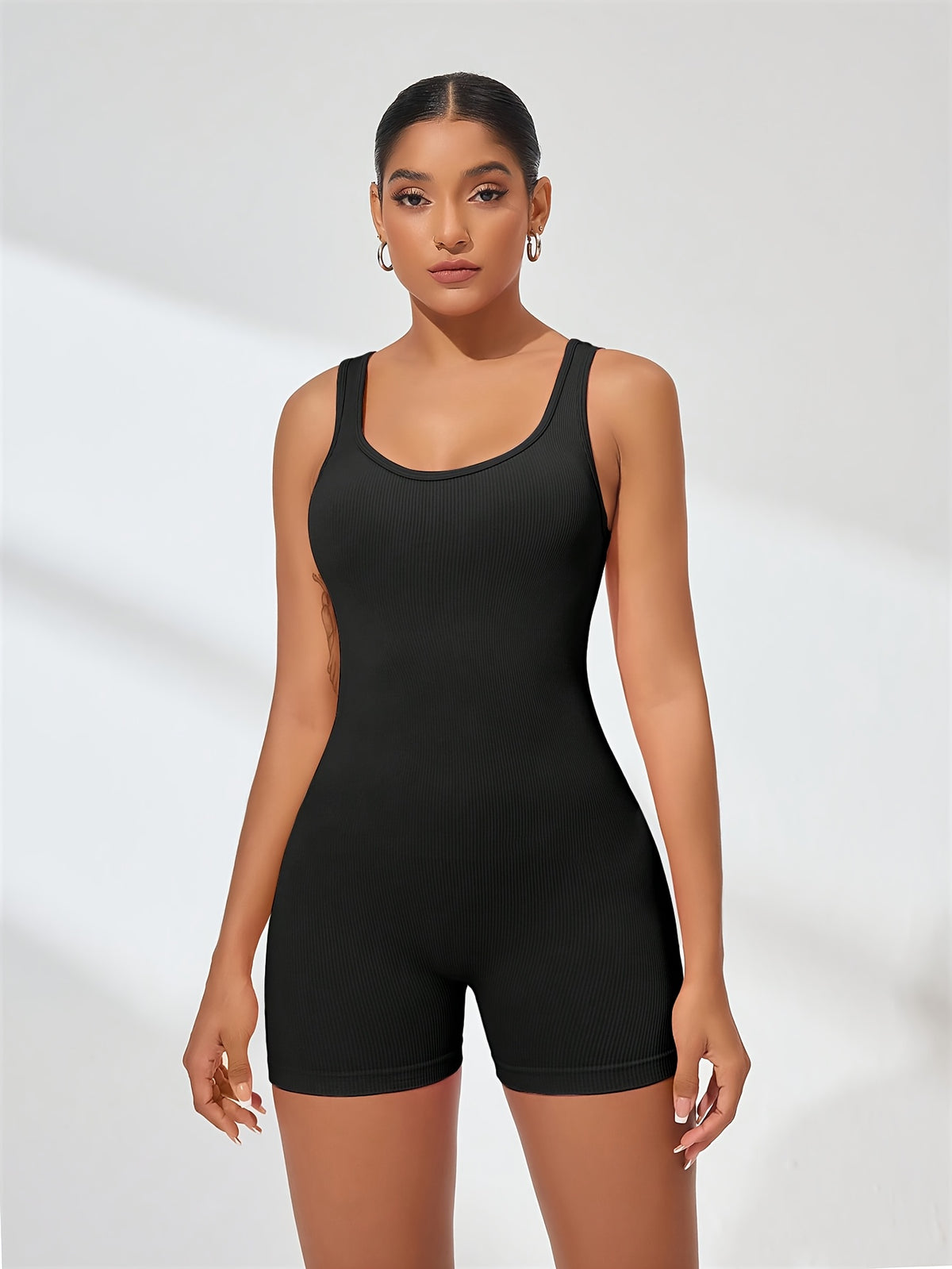 Ribbed Scoop Back Shorts Bodysuit - Black