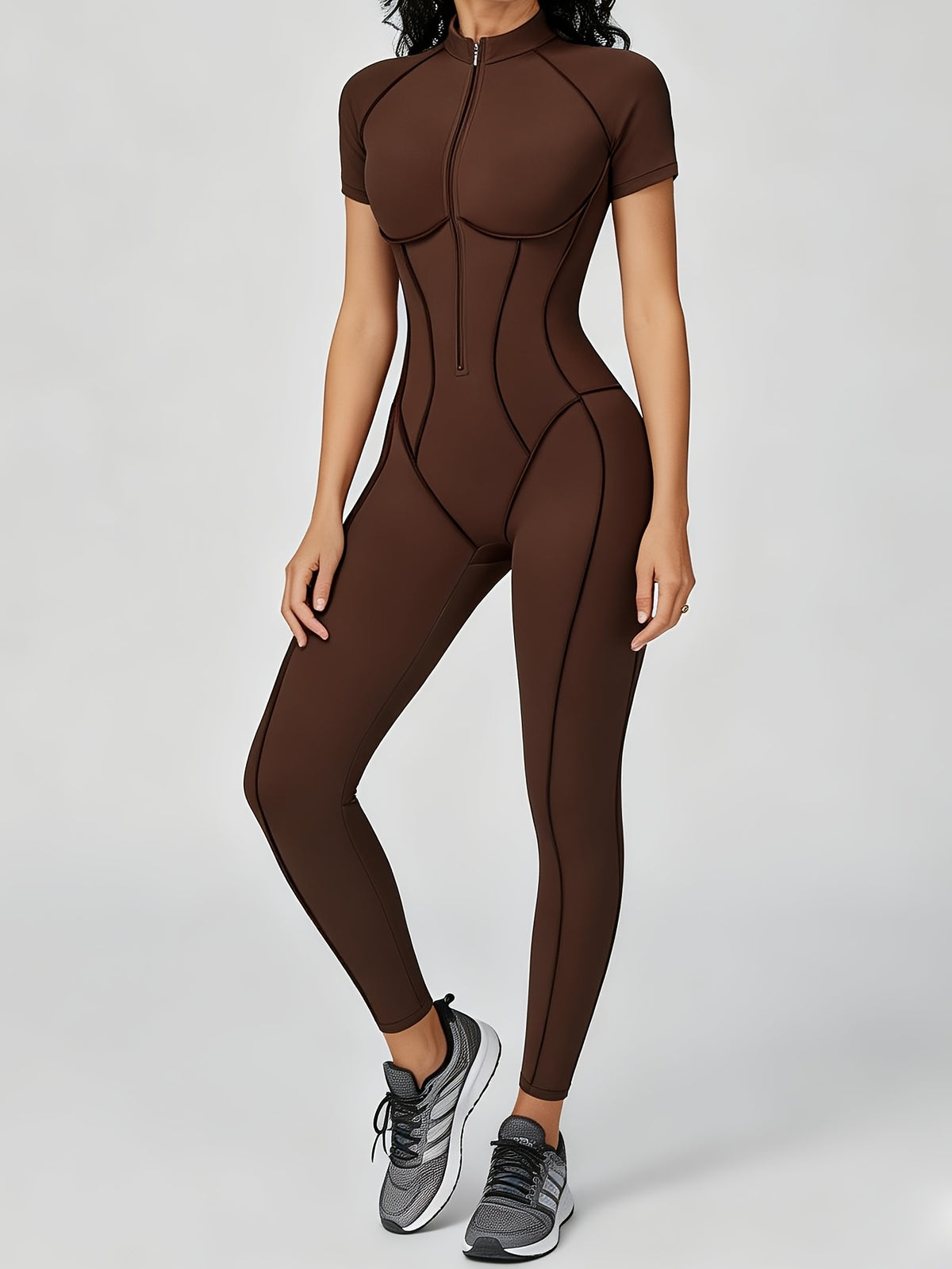 Short Sleeve Half Zip Jumpsuit - Coffee