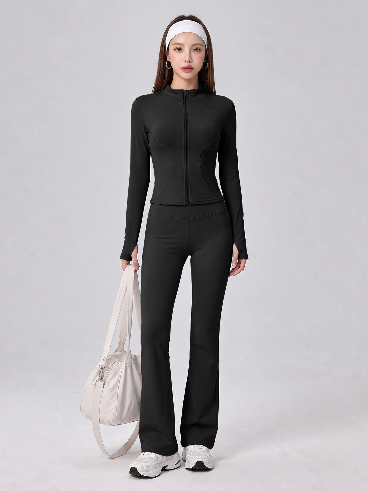 Nude Feel Zip Jacket & Flare Pants Set - Black