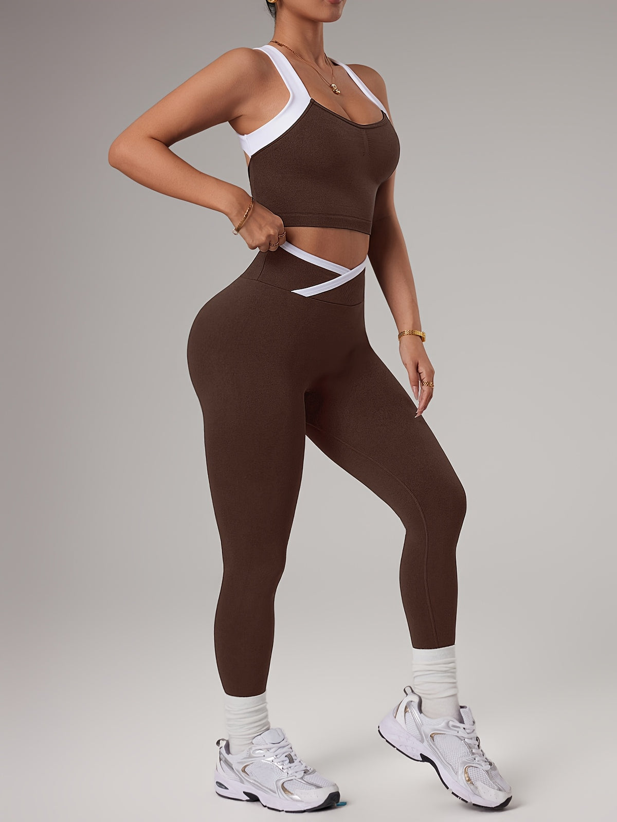 Cross Strap Bra & Leggings Set - Brown