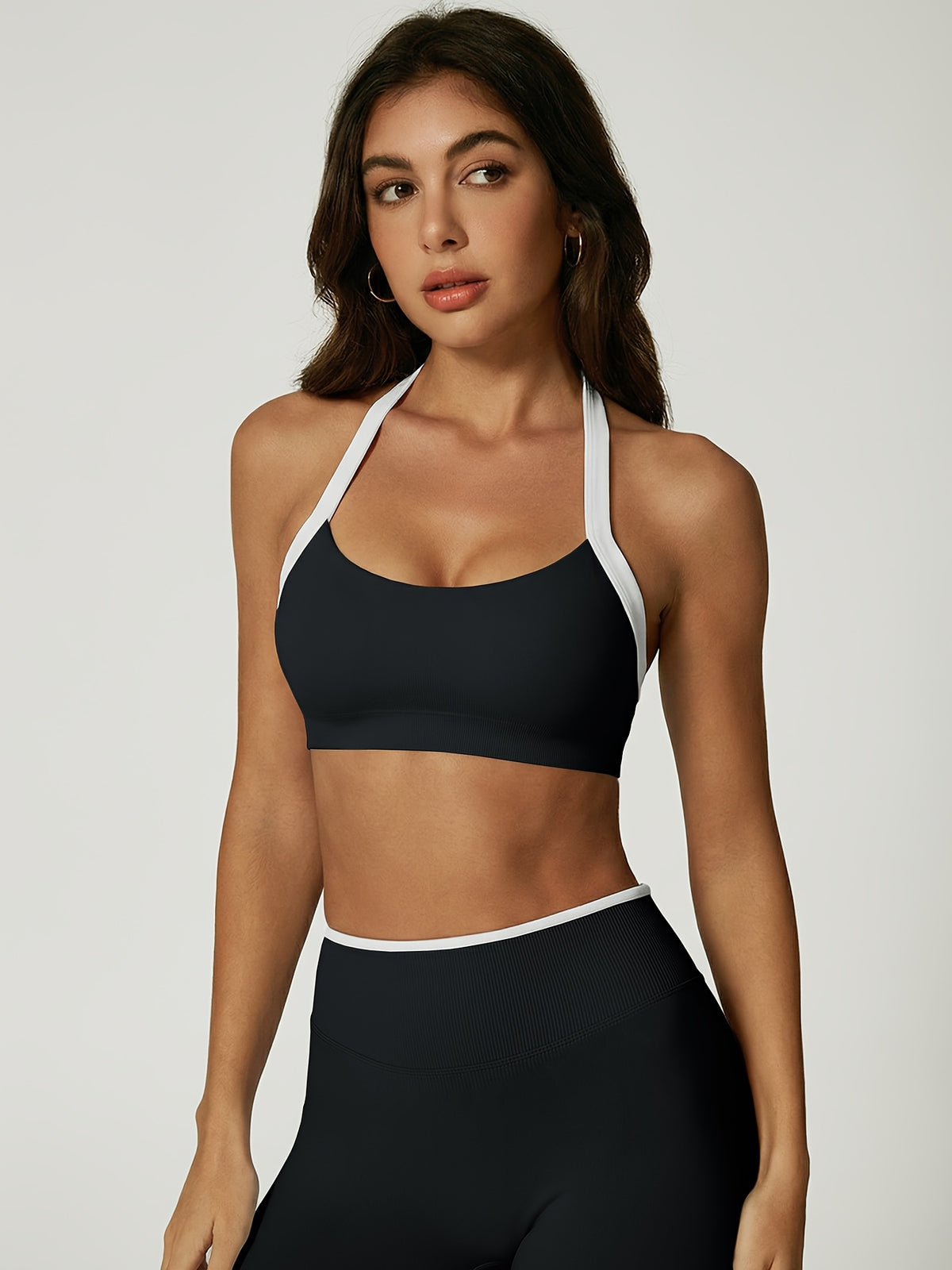 Contrast Trim Halter Bra & Shorts Set - Black