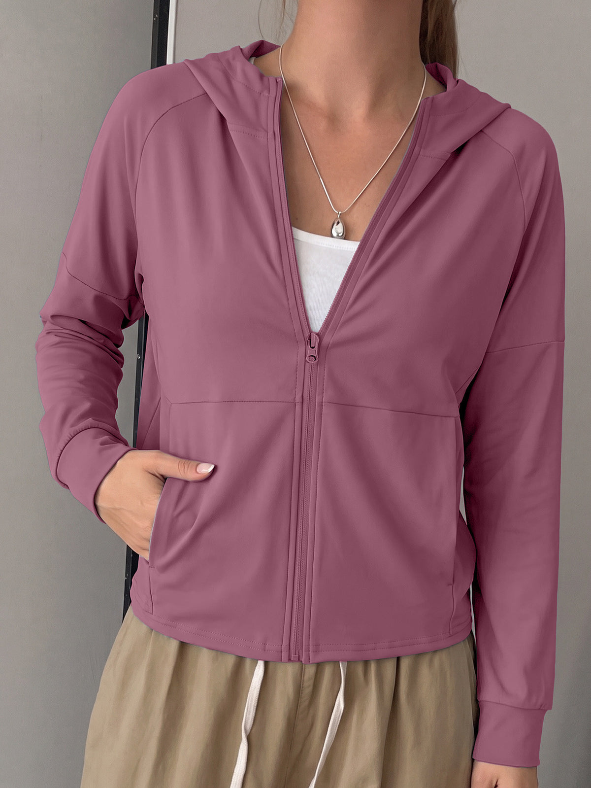 Longline Hooded Thumb Loop Jacket - Fuchsia