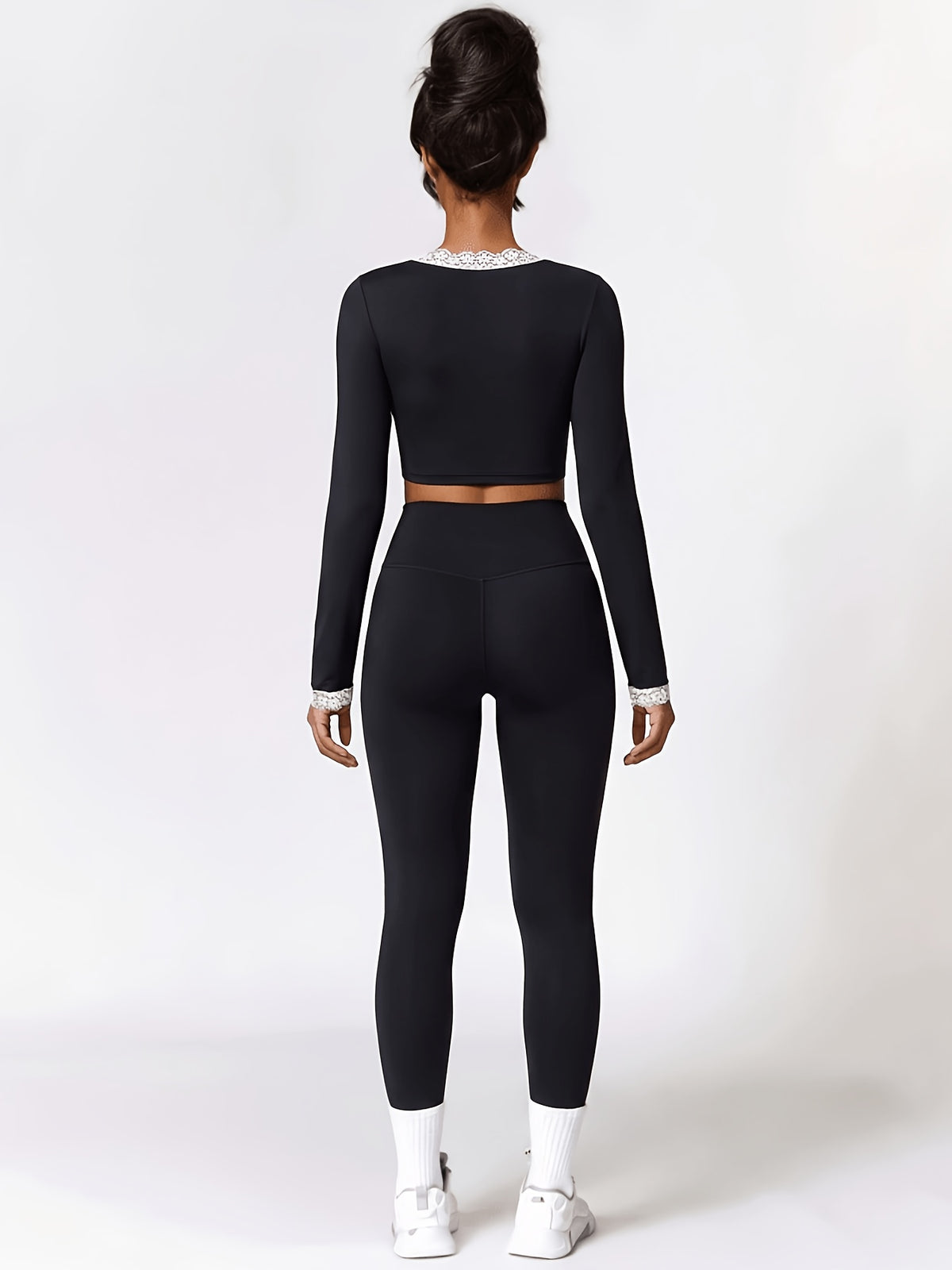 Contrast Trim Crop Top & Leggings Set - Black