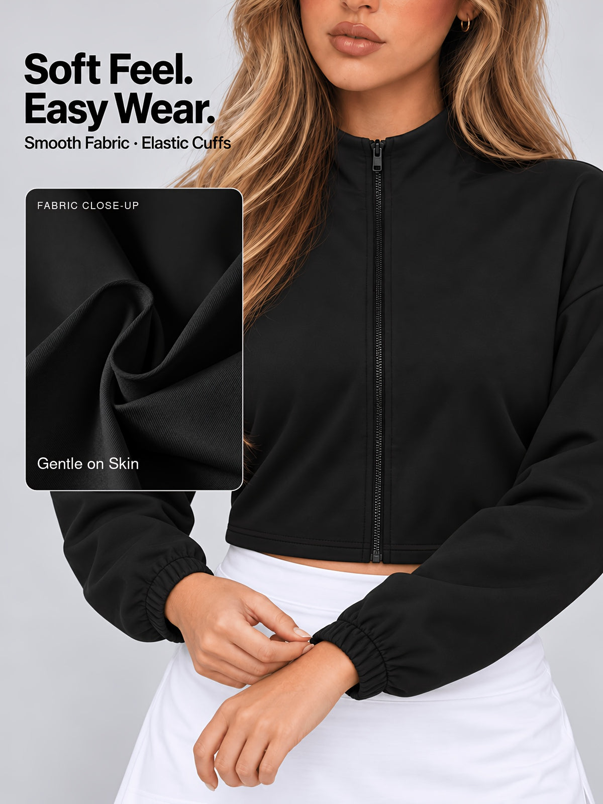 Stand Collar Full Zip Cropped Jacket - Black