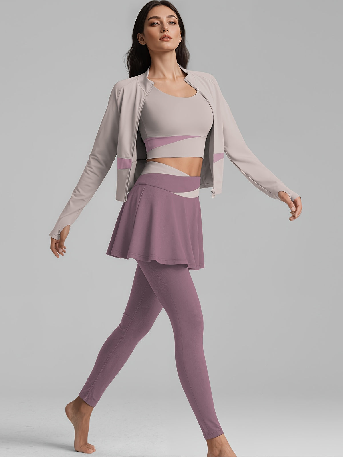 Colour Block Jacket & Skort 3 Piece Set - Light Purple & Purple