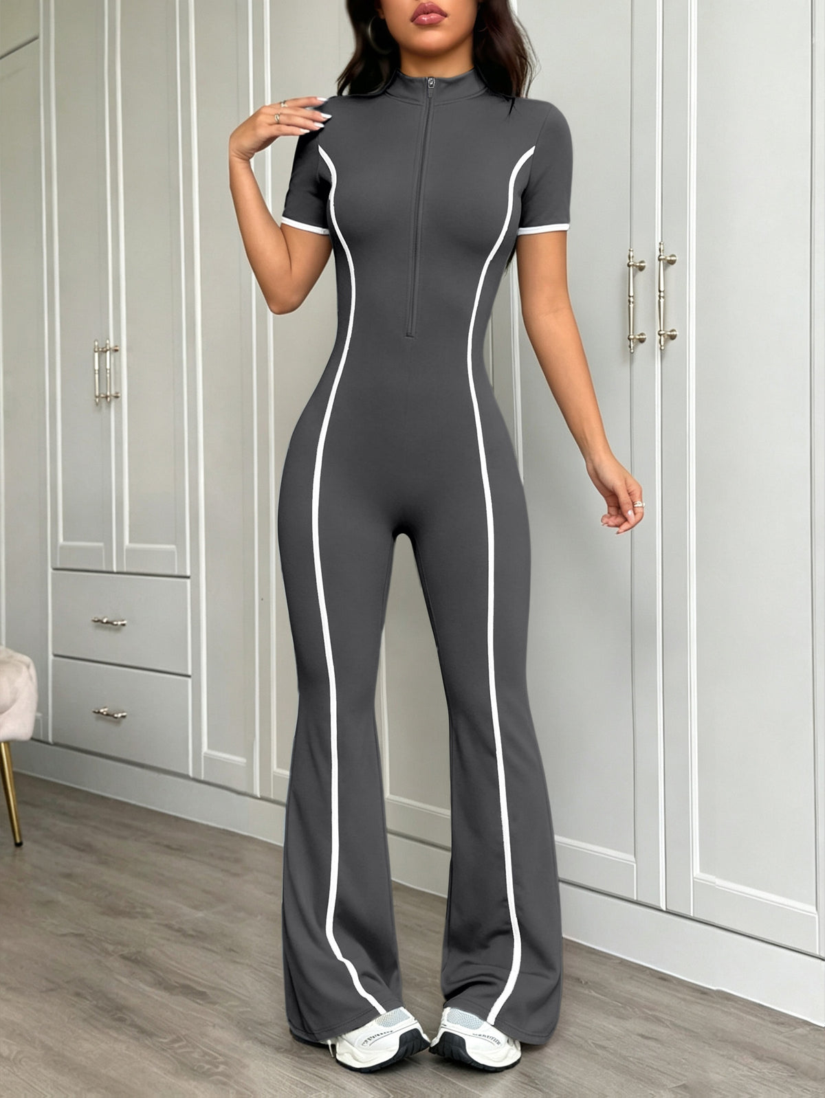 Zip Front Flare Jumpsuit - Dark Grey
