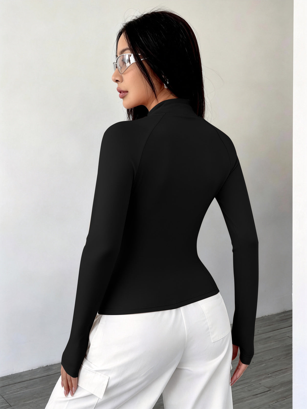 Spliced Full Zip Thumb Loop Top - Black