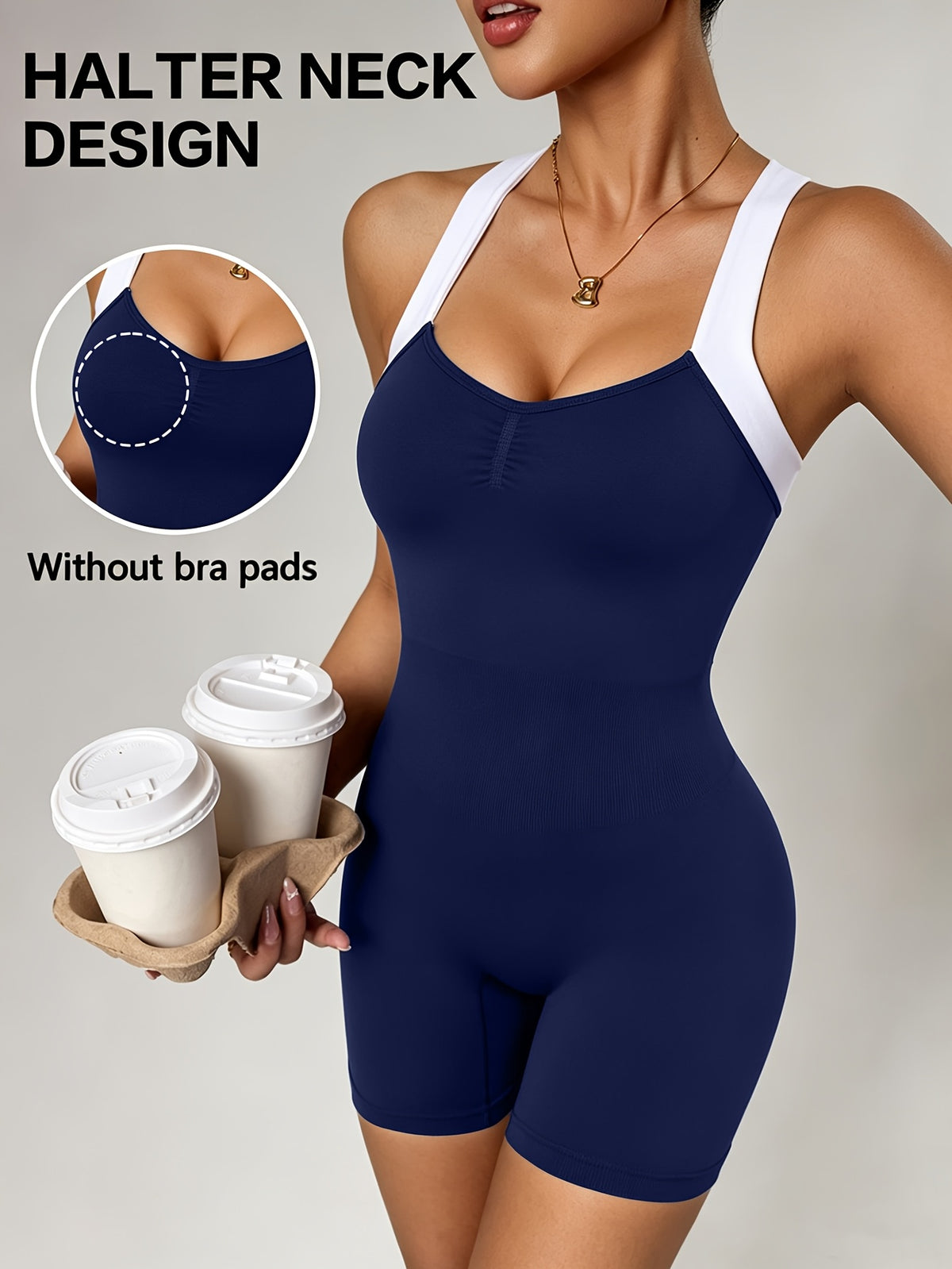 Halter Cross Back Romper - Navy