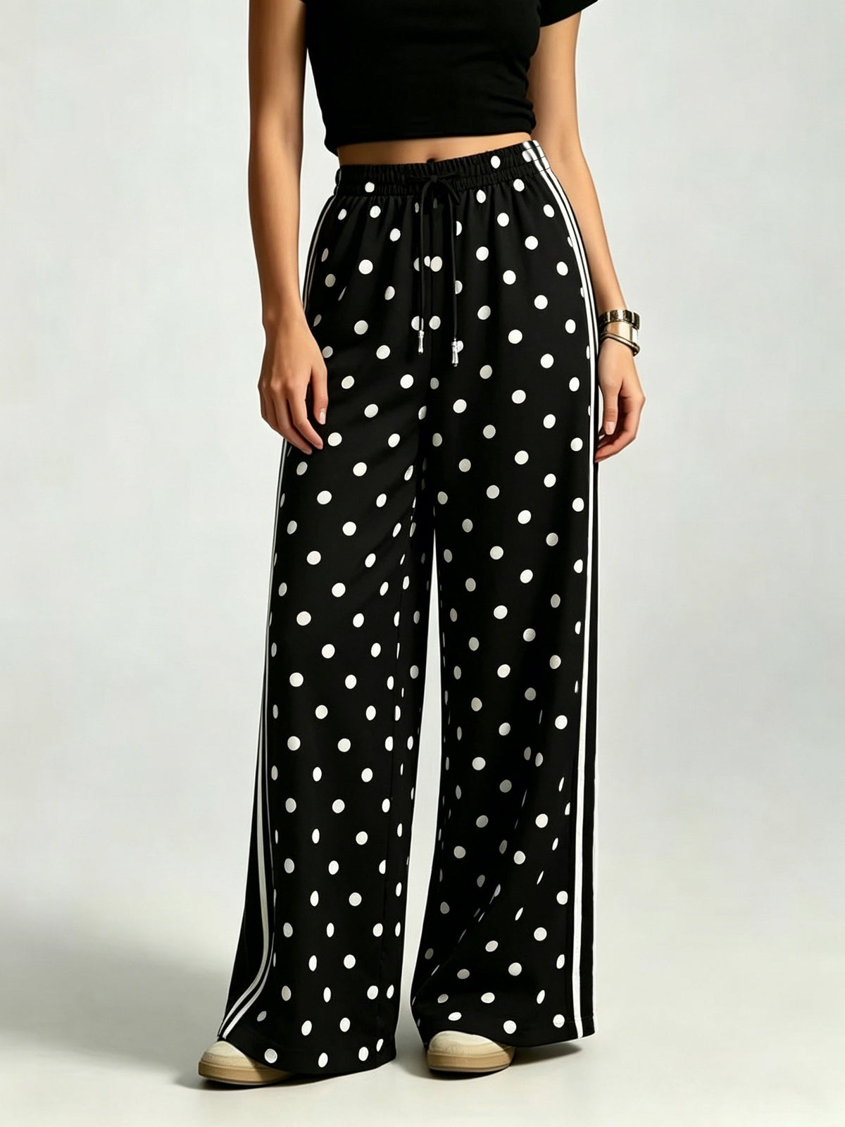 Polka Dot Side Stripe Wide Leg Joggers - Black