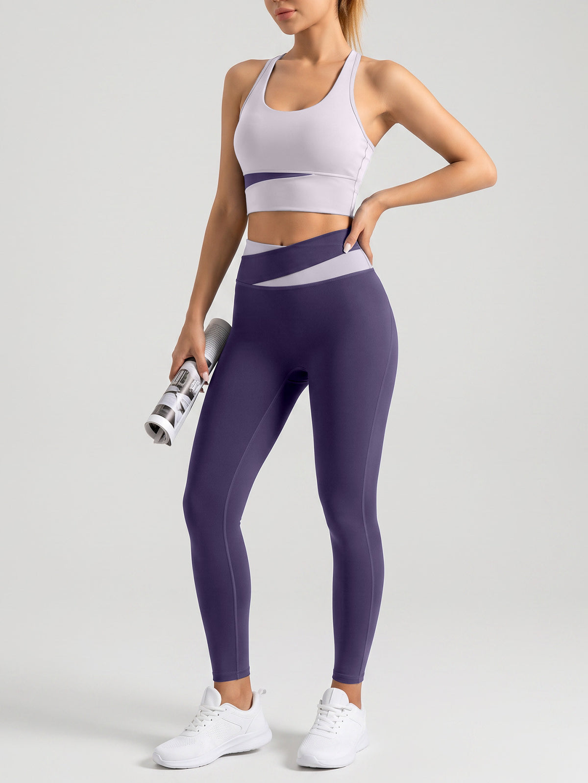 Letter Back Bra & Crossover Waist Leggings Set - Light Purple & Dark Purple