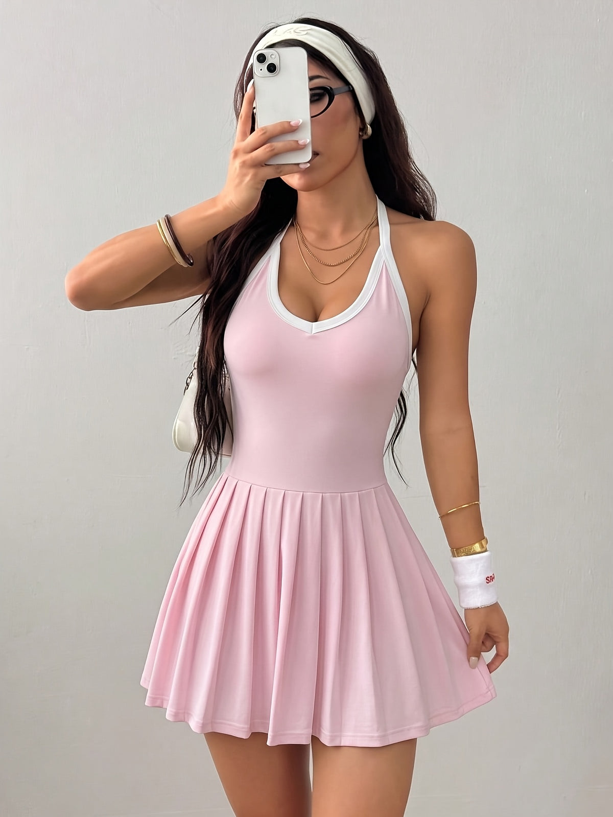 Halter Pleated Tennis Dress - Pink