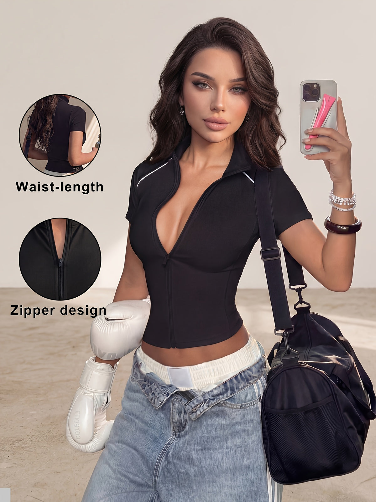 Color Block Short Sleeve Zip Jacket - As Shown