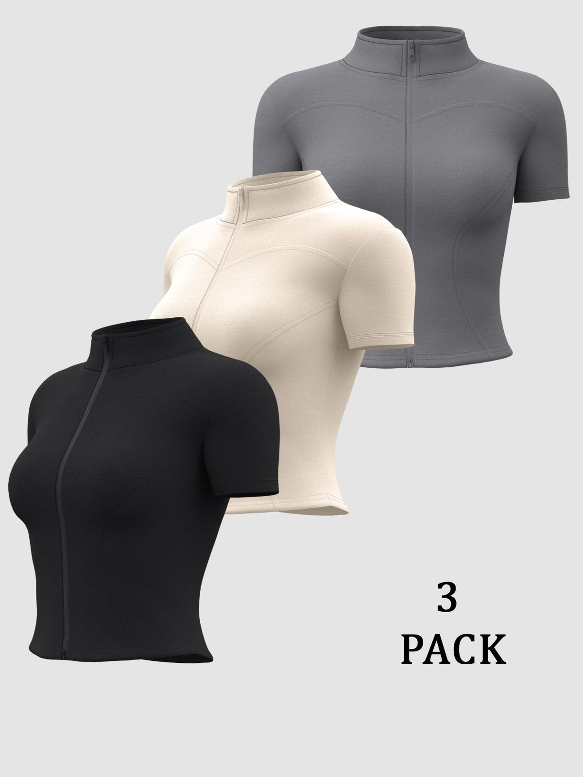 3 Pack Short Sleeve Zip Crop Jackets - Black, Ivory White & Gray