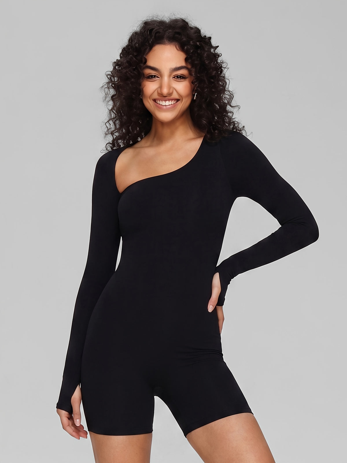 One Shoulder Long Sleeve Jumpsuit - Black