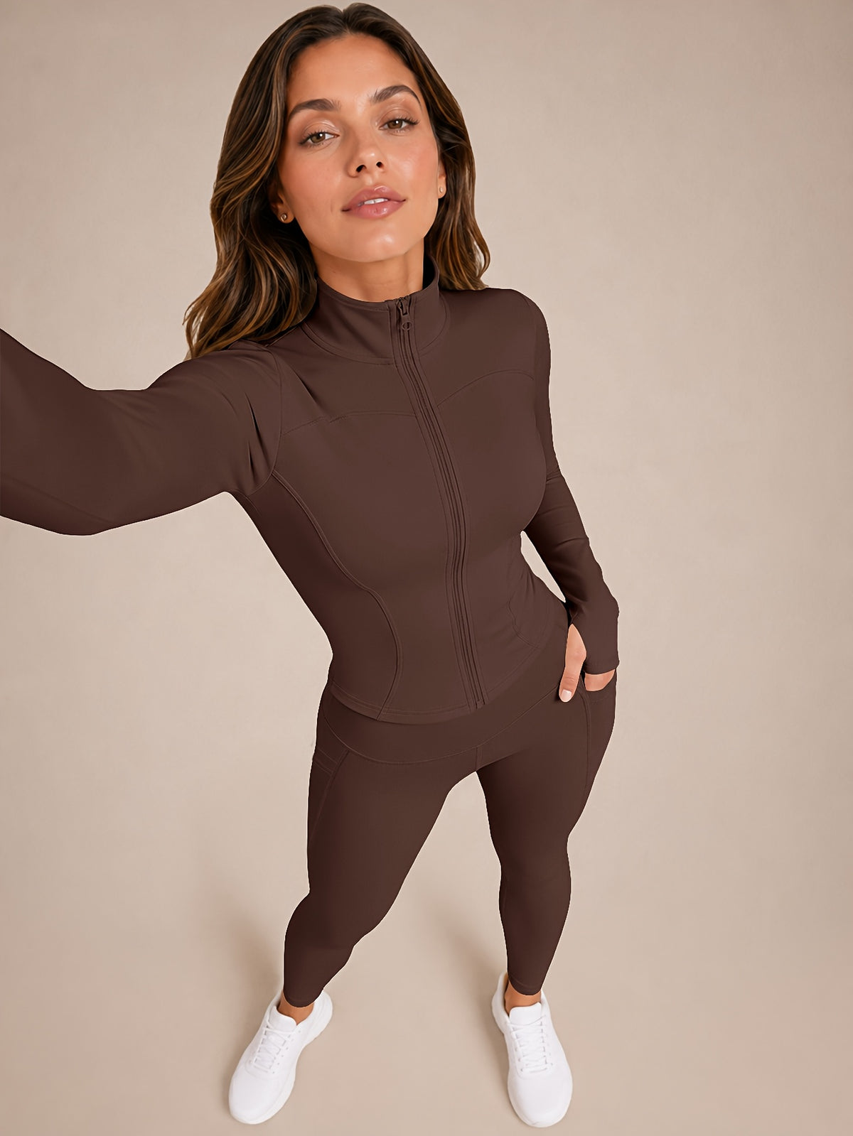 Stand Collar Jacket & Leggings Set - Brown