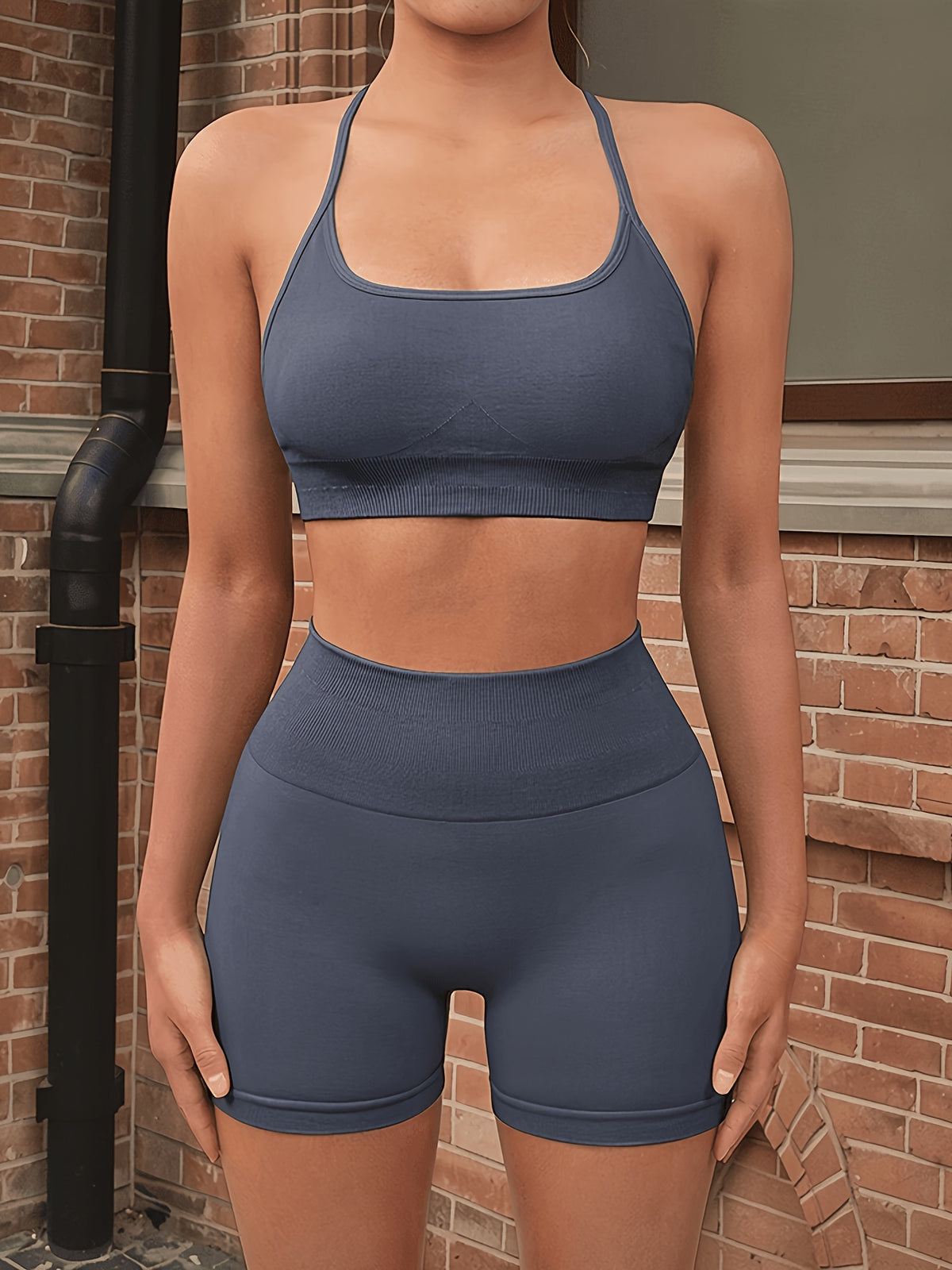 Seamless Thin Strap Bra & Shorts Set - Light Blue