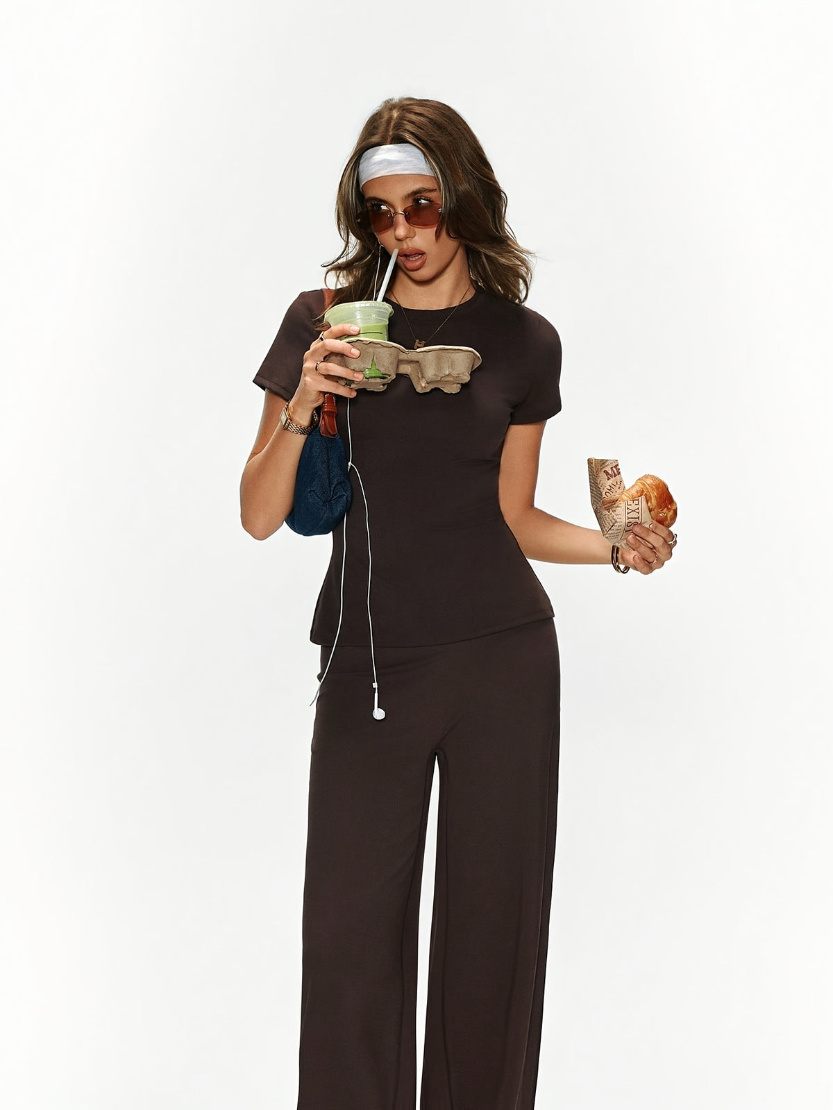 Tee & Wide Leg Pants Set - Coffee