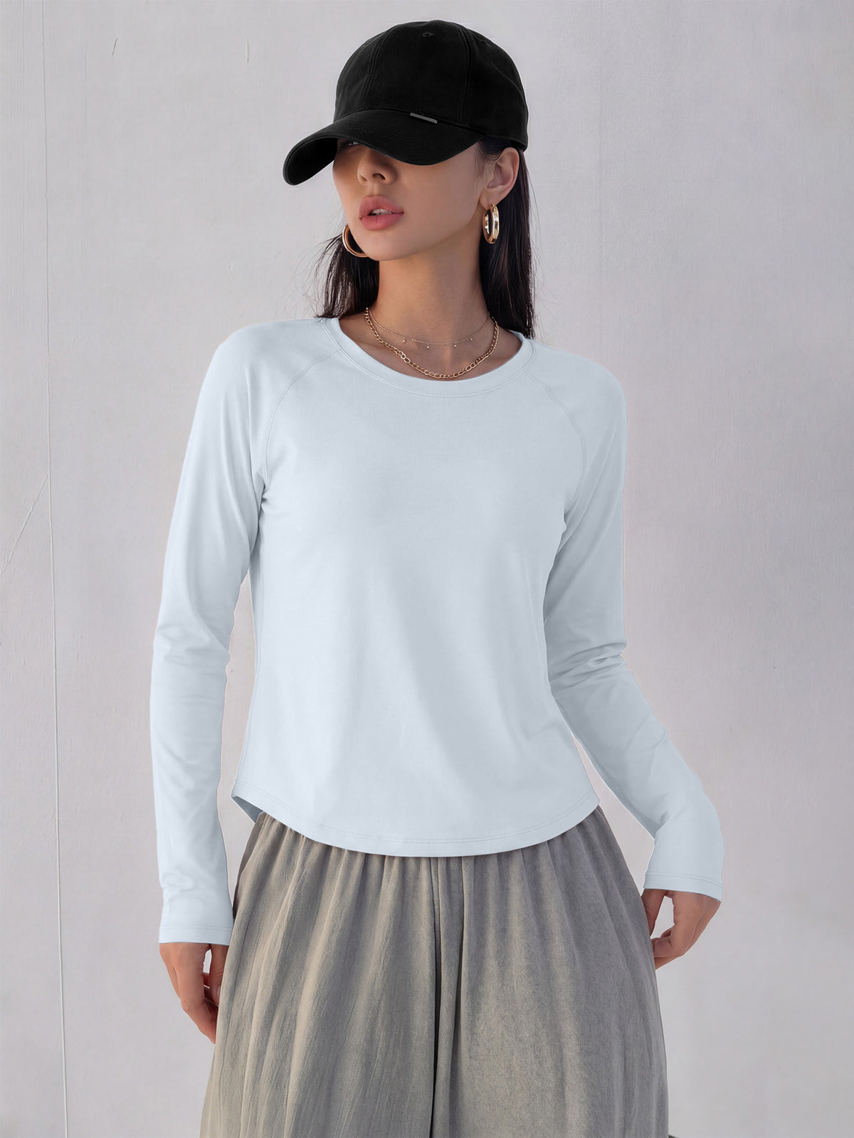 Mesh Back Panel Long Sleeve Top - Light Blue