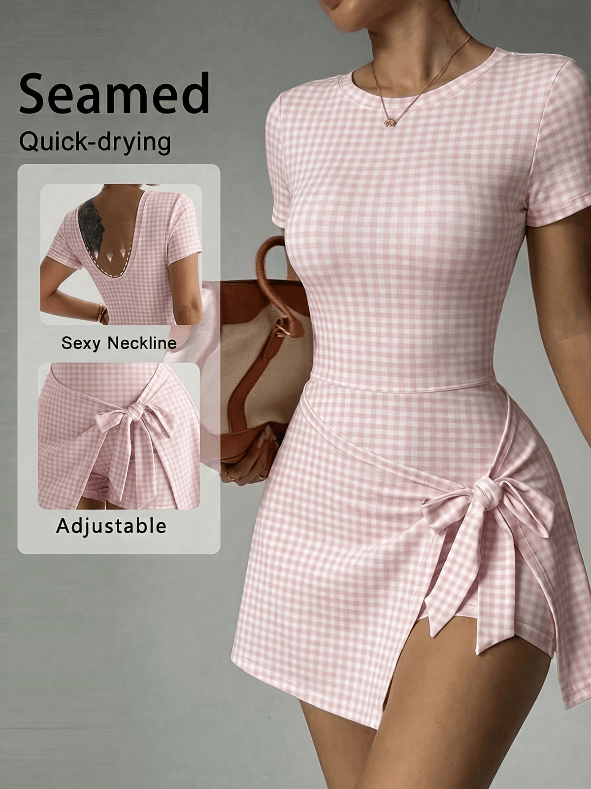 Plaid Bow Back Athletic Dress - Pink Plaid