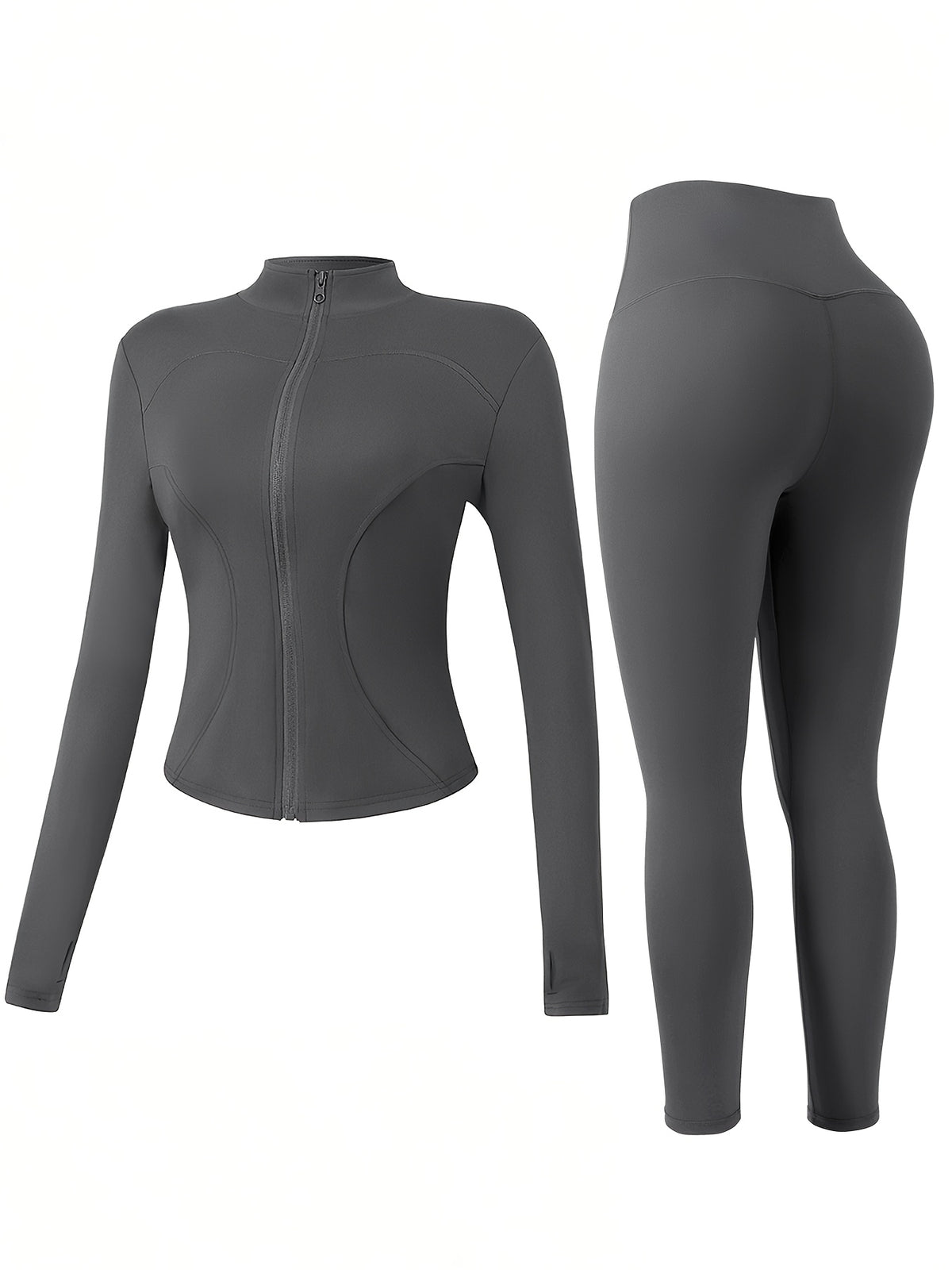 Thumbhole Cropped Zip Jacket & Leggings Set - Grey
