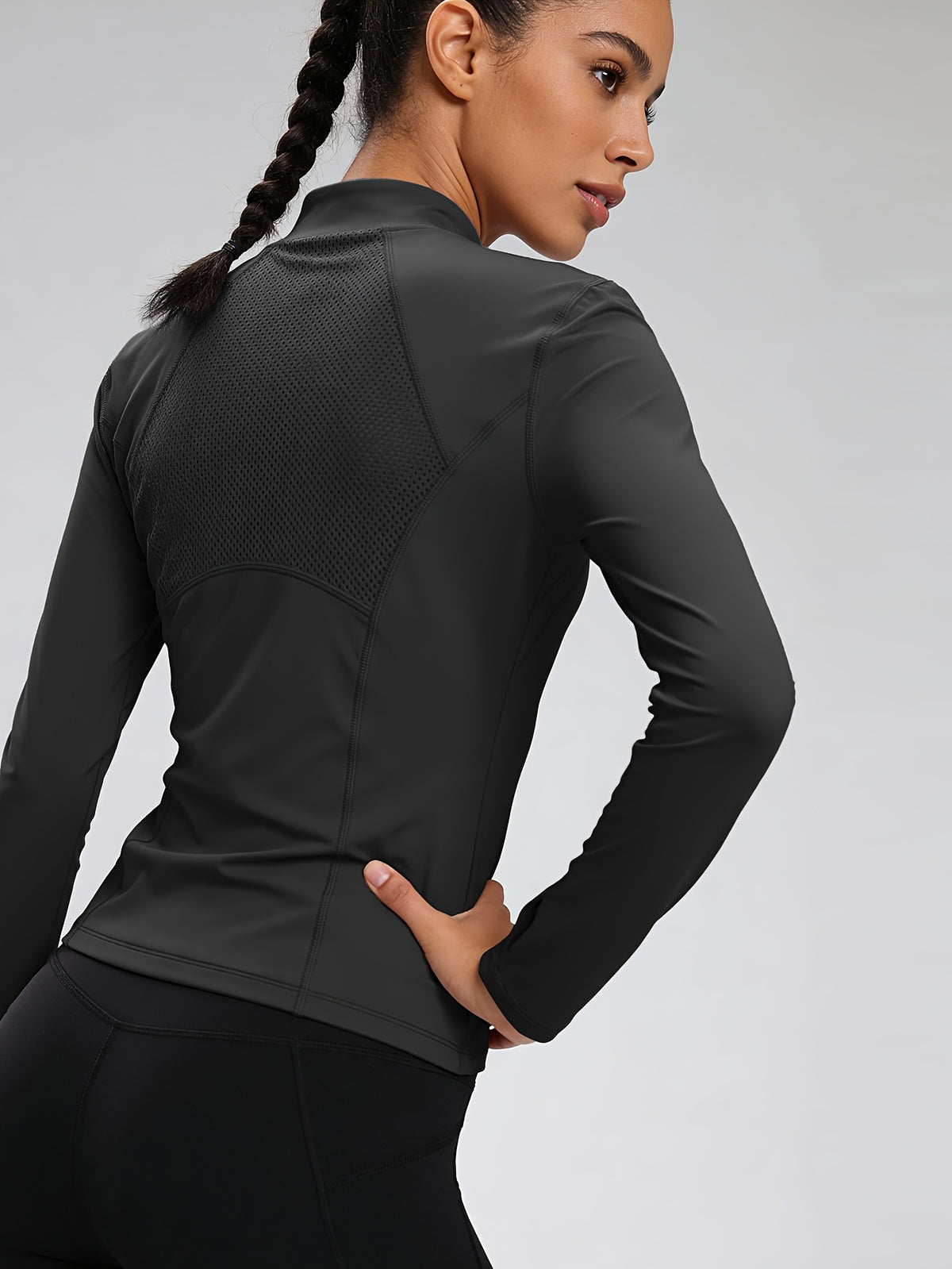 Mesh Cutout Back Half Zip Top - Black