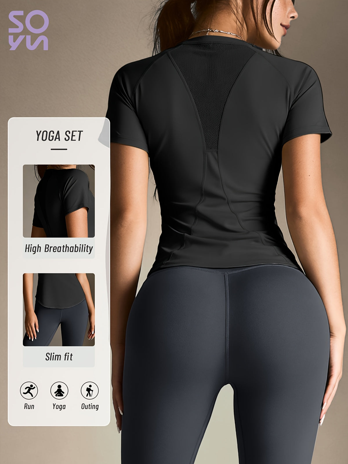 Mesh Cutout Tee & High Waist Leggings Set - Black & Dark Grey