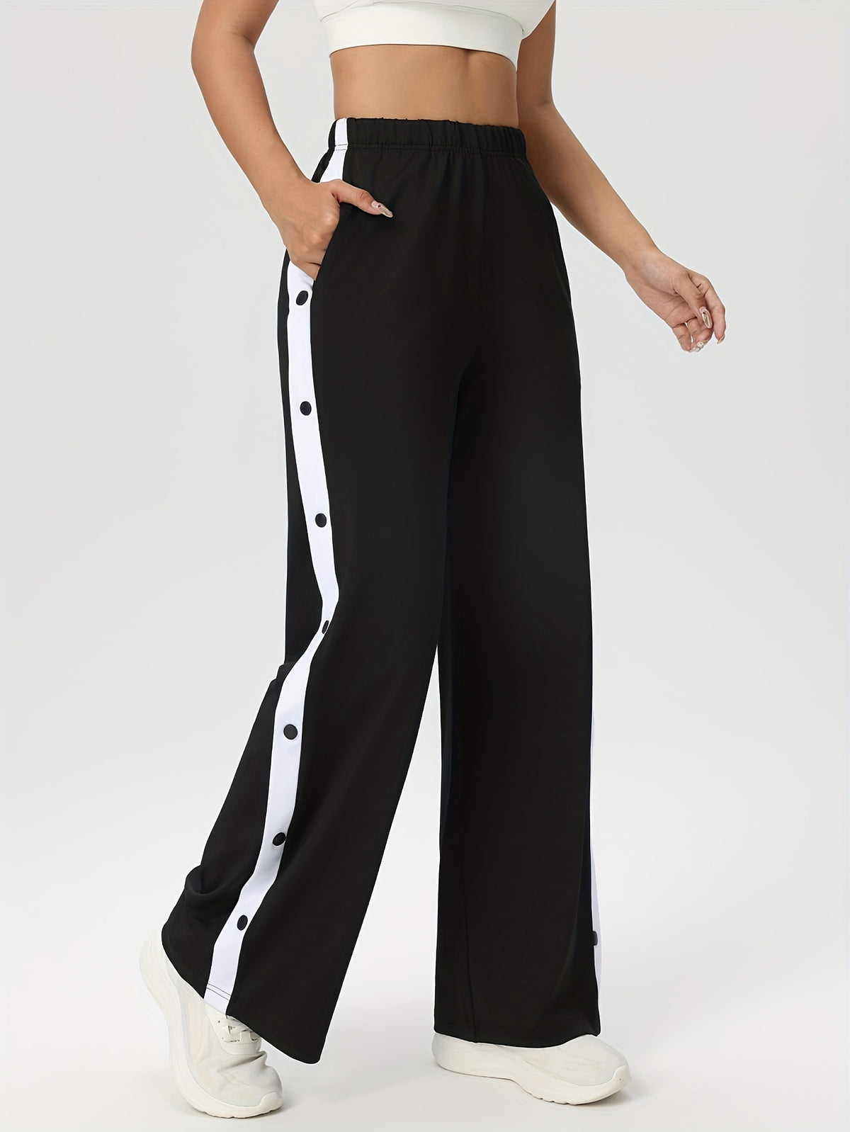 Side Stripe Button Waist Loose Pants - Black