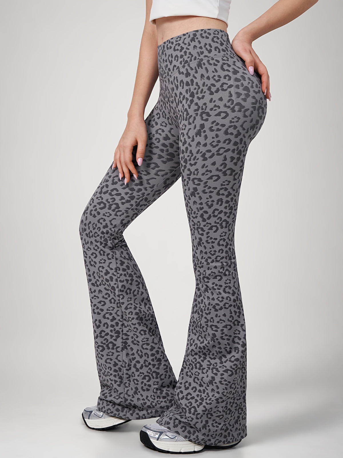 Leopard Print Flare Leggings - Grey