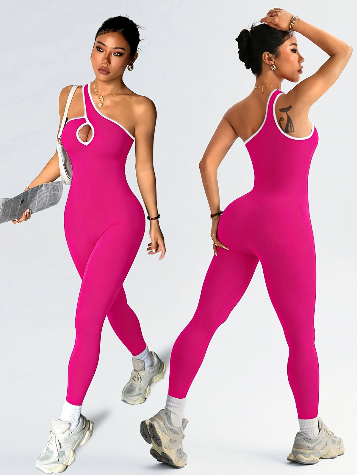 One Shoulder Keyhole Jumpsuit - Rose Red