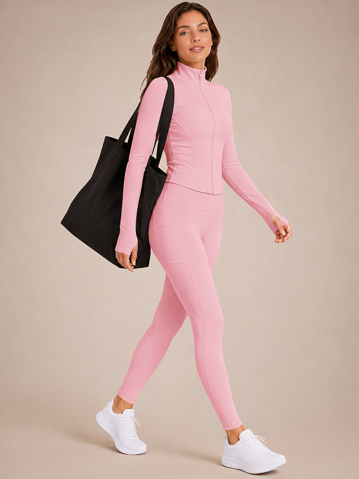 Stand Collar Jacket & Leggings Set - Pink