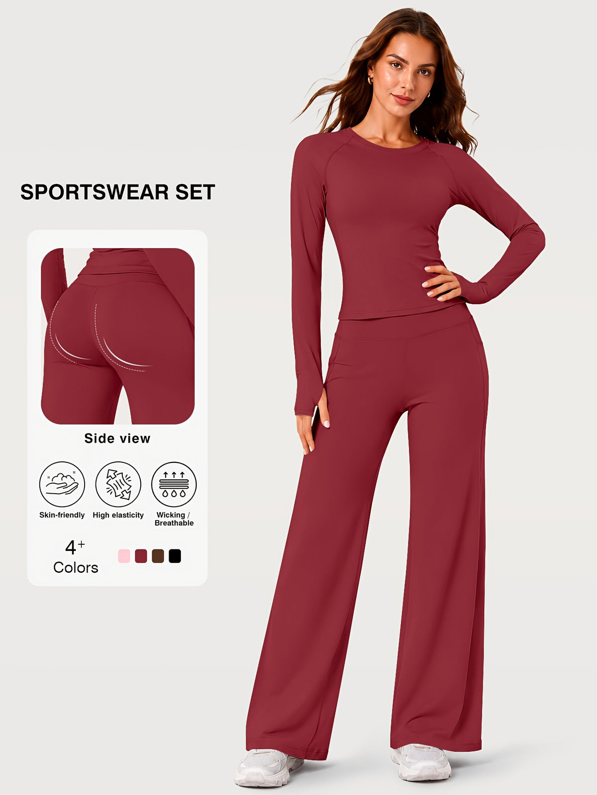 Thumbhole Top & Wide Leg Yoga Pants Set - Burgundy