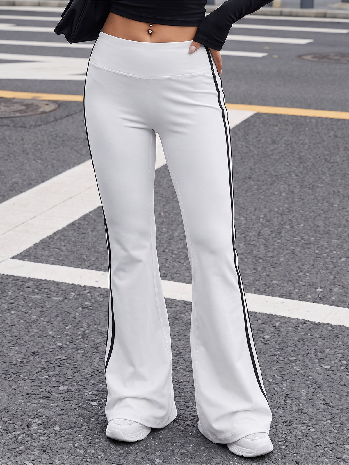 Vertical Stripe High Waist Flare Pants - White