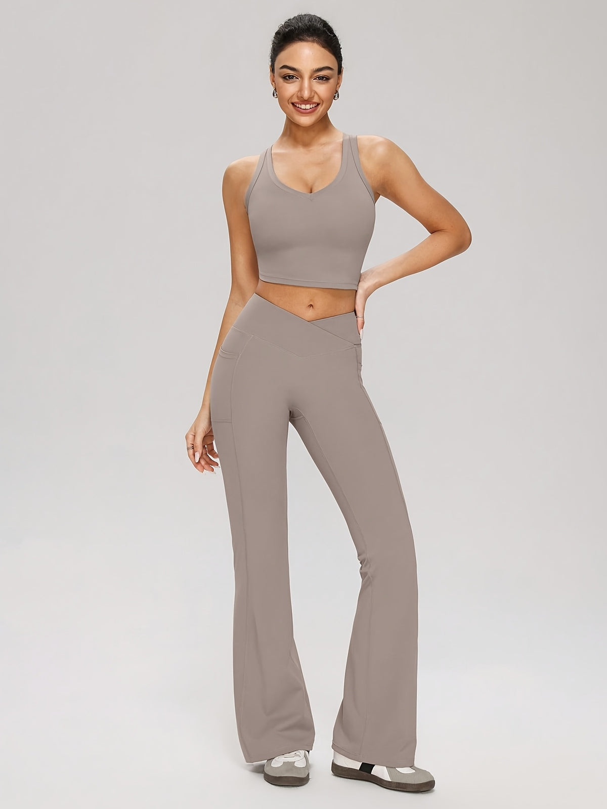 Cropped Tank & Flare Pants Set - Space Gray