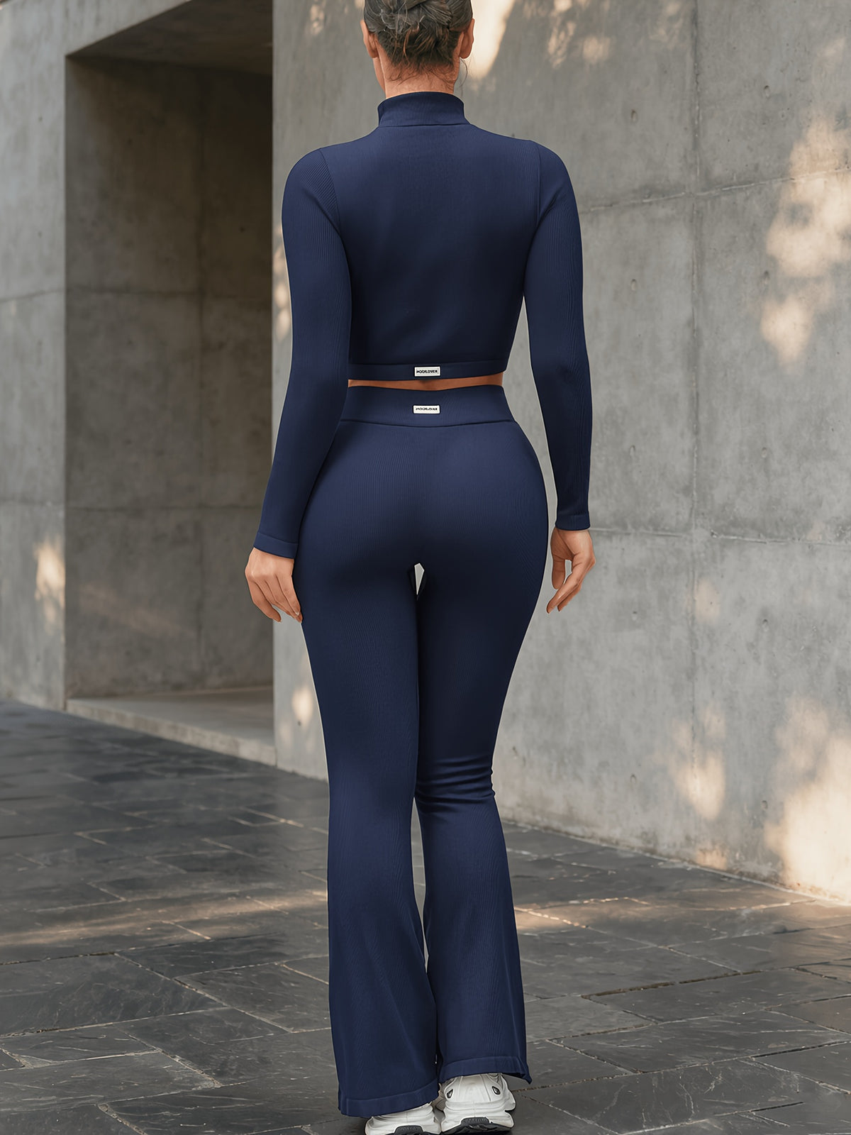 High Neck Crop Top & Drawstring Flare Set - Navy