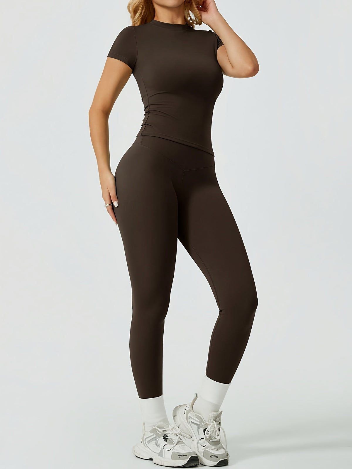 Fitted Tee & Leggings Set - Coffee