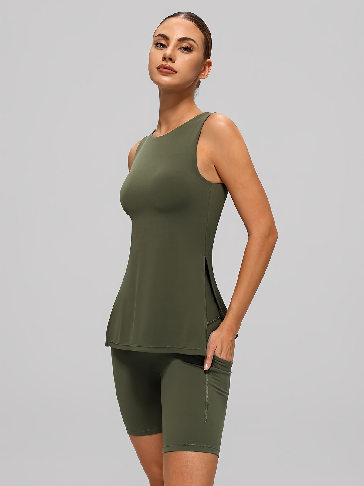 Side Slit Tank & Shorts Set - Olive Green