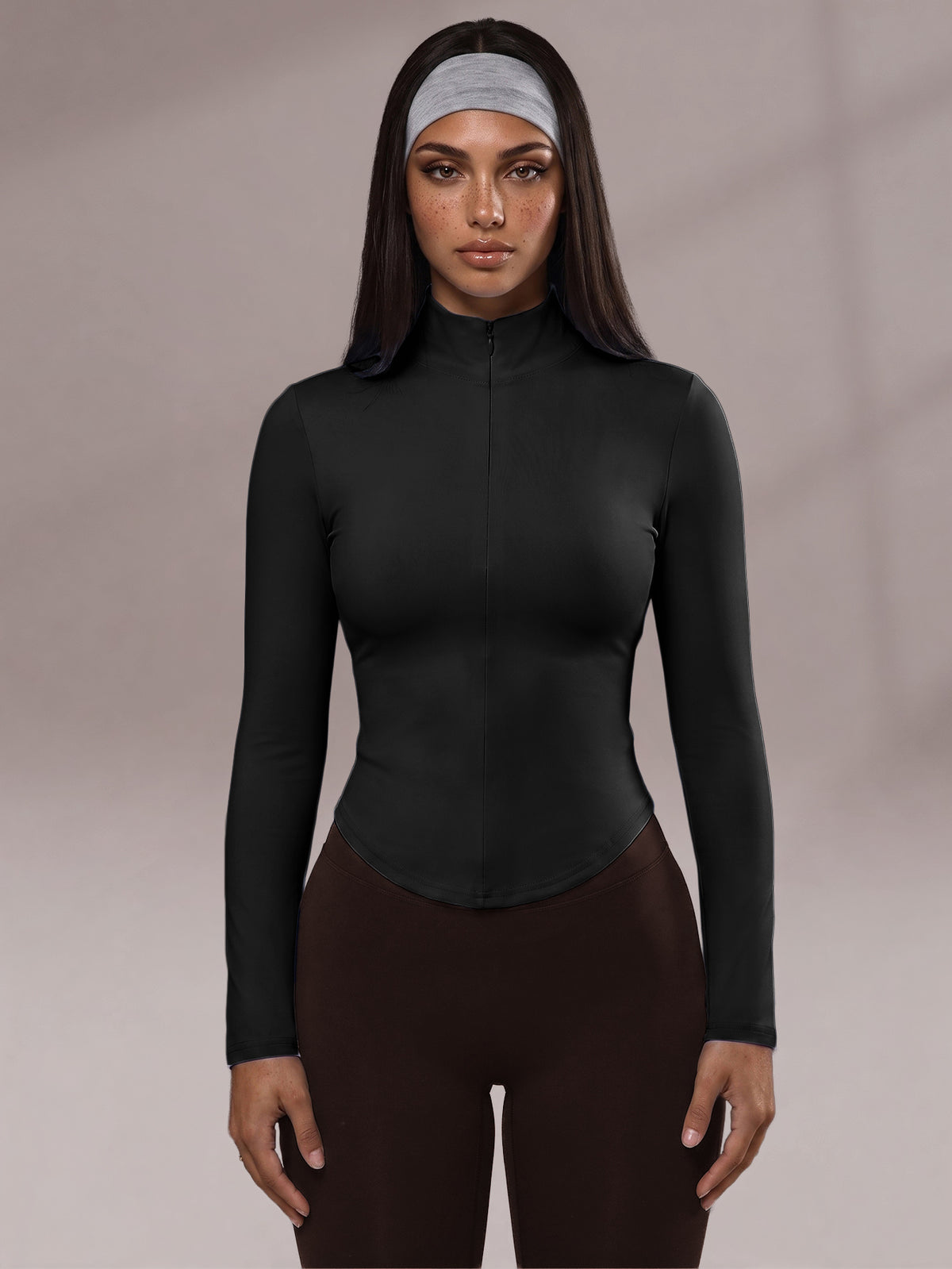 Half Zip Curved Hem Top - Black