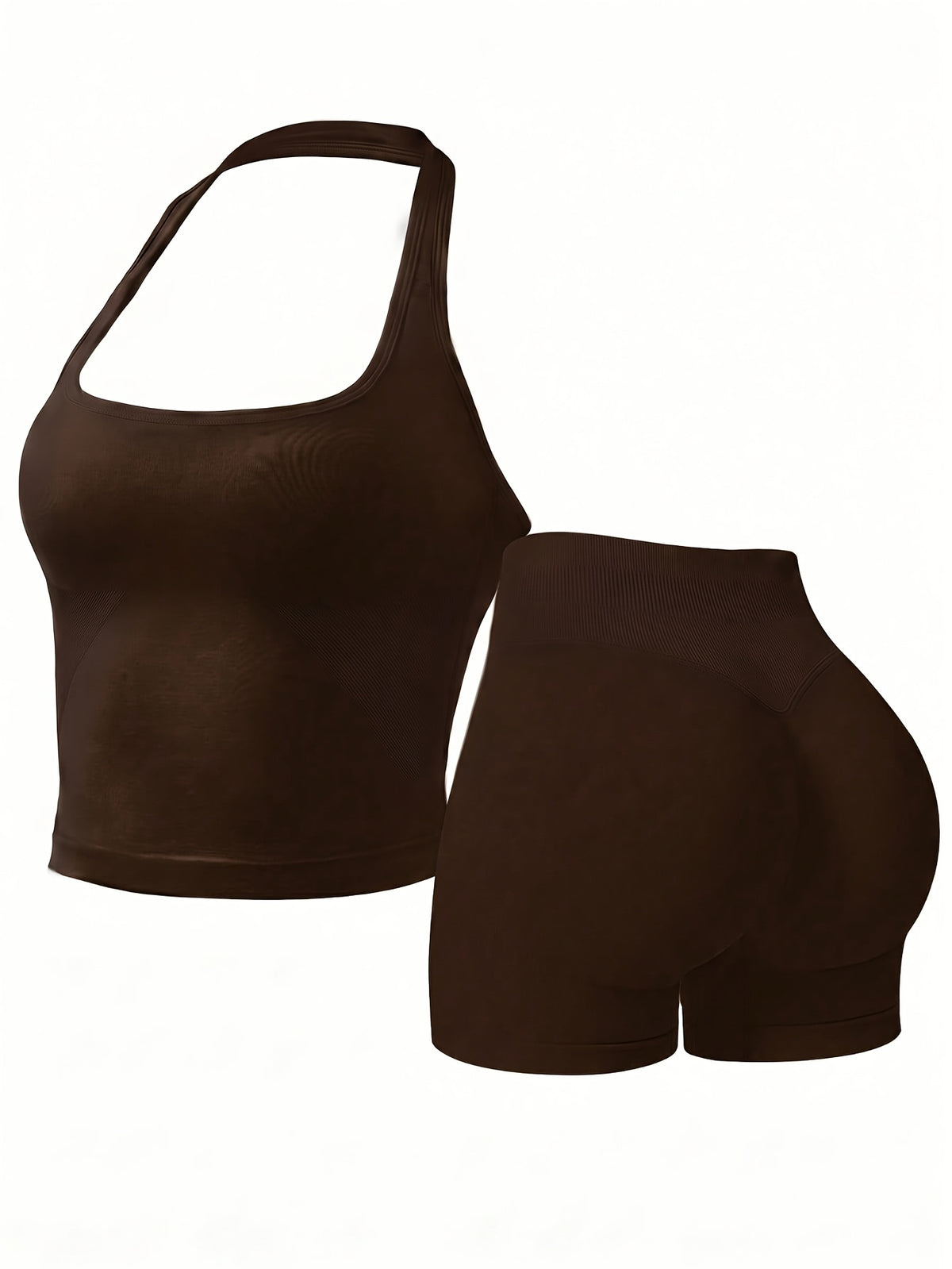 Halter Seamless Tank & Biker Shorts Set - Dark Brown